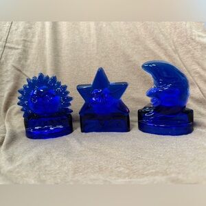 Vintage Blue Glass Sun, Star, and Moon candle holder